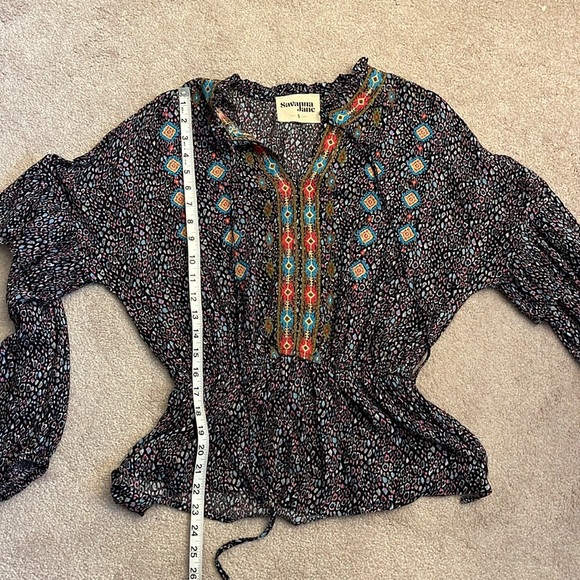Savanna Jane Embroidered Peplum Boho Print Blouse Size S Black Pink Blue - Picture 7 of 7